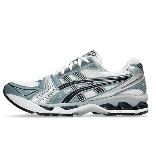 ASICS Gel-Kayano 14 White Fjord Grey – Retro-inspired running sneakers featuring a white mesh upper with Fjord Grey synthetic overlays, cushioned midsole, and signature ASICS branding for comfort and style.